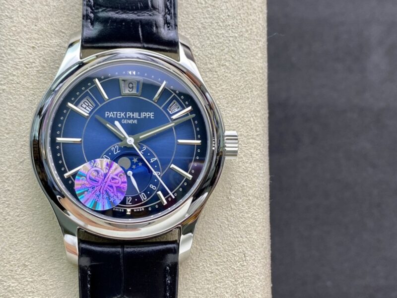 Super Clone Patek Philippe Complications 5205G-013 40mm Blue Dial Steel — dial close-up