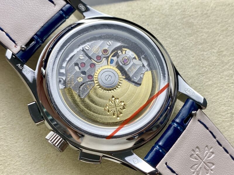 Super Clone Patek Philippe Complications 5961P-001 40mm Blue Dial Steel — on leather display