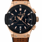 Super Clone Hublot Big Bang Rose Gold Musta soittaa Chronograph Brown Nahkahihna